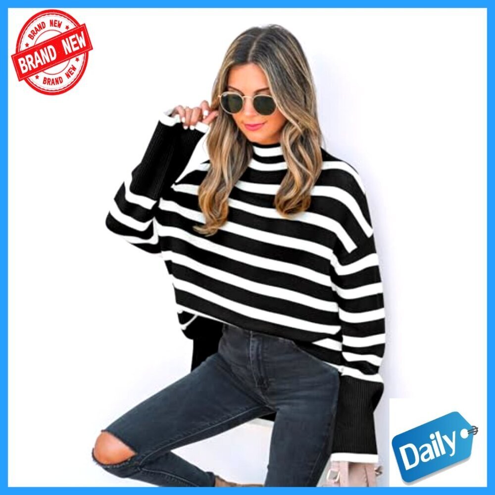 Oversized Turtleneck Pullover Sweater Striped Side Slit Long Sleeve Loose Fit - Picture 4 of 7